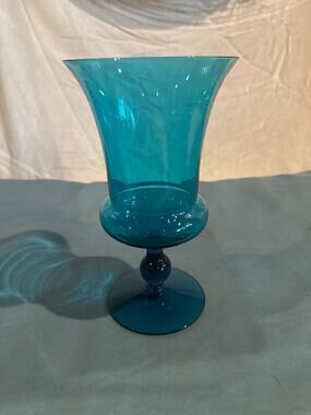 Vtg Morgantown Peacock Blue Glass Footed Urn Vase Mid Century Trumpet Stemmed 8"